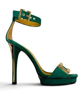 Bebe Green Suede Ankle Strap Heels Gold Logo Detail Size 6